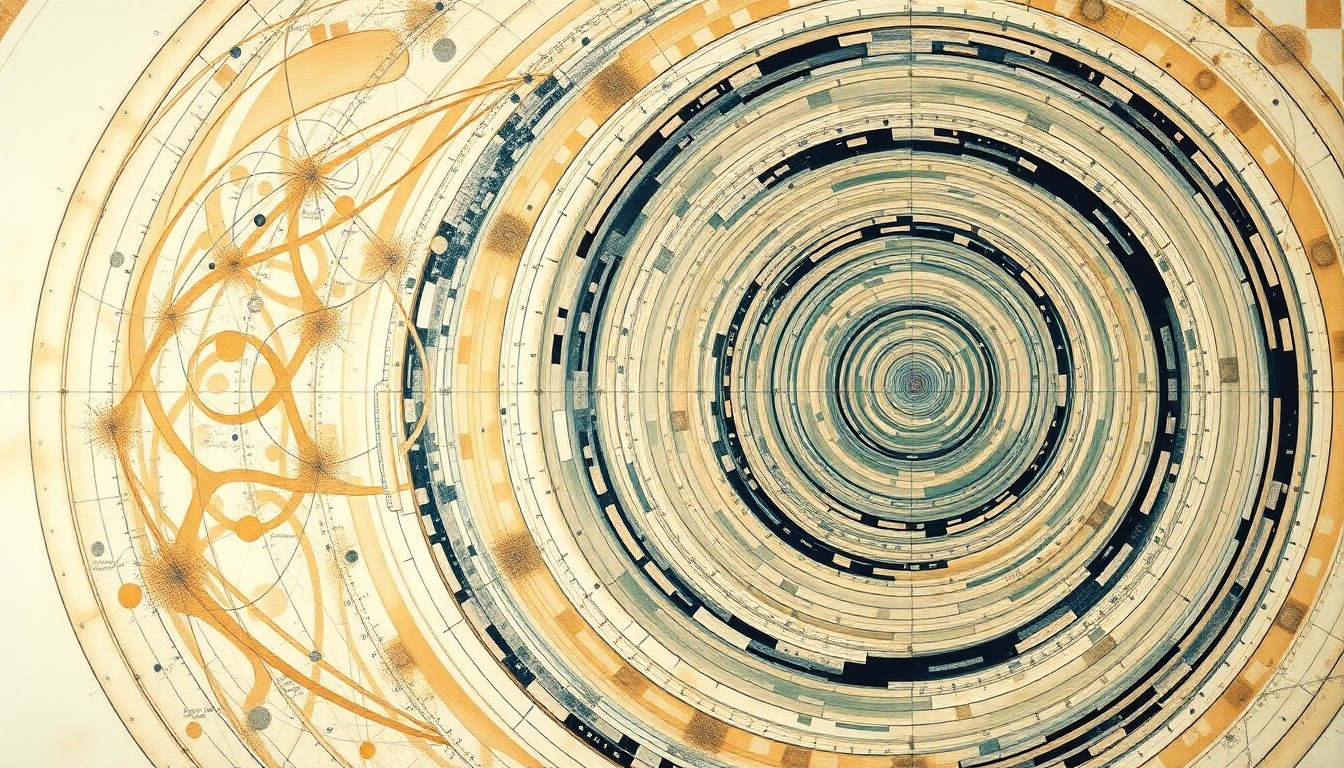 A highly structured abstract painting in soft, earthy colors featuring sweeping geometric arcs, concentric circles, and precise botanical spirals, conceptually representing the interconnectedness of nature, society, and technology.