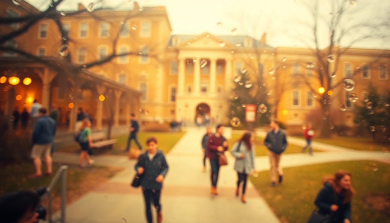 An abstract, out-of-focus image depicting the soft, warm tones and blurred shapes of a university campus, conveying a sense of uncertainty and concern during a campus safety incident.