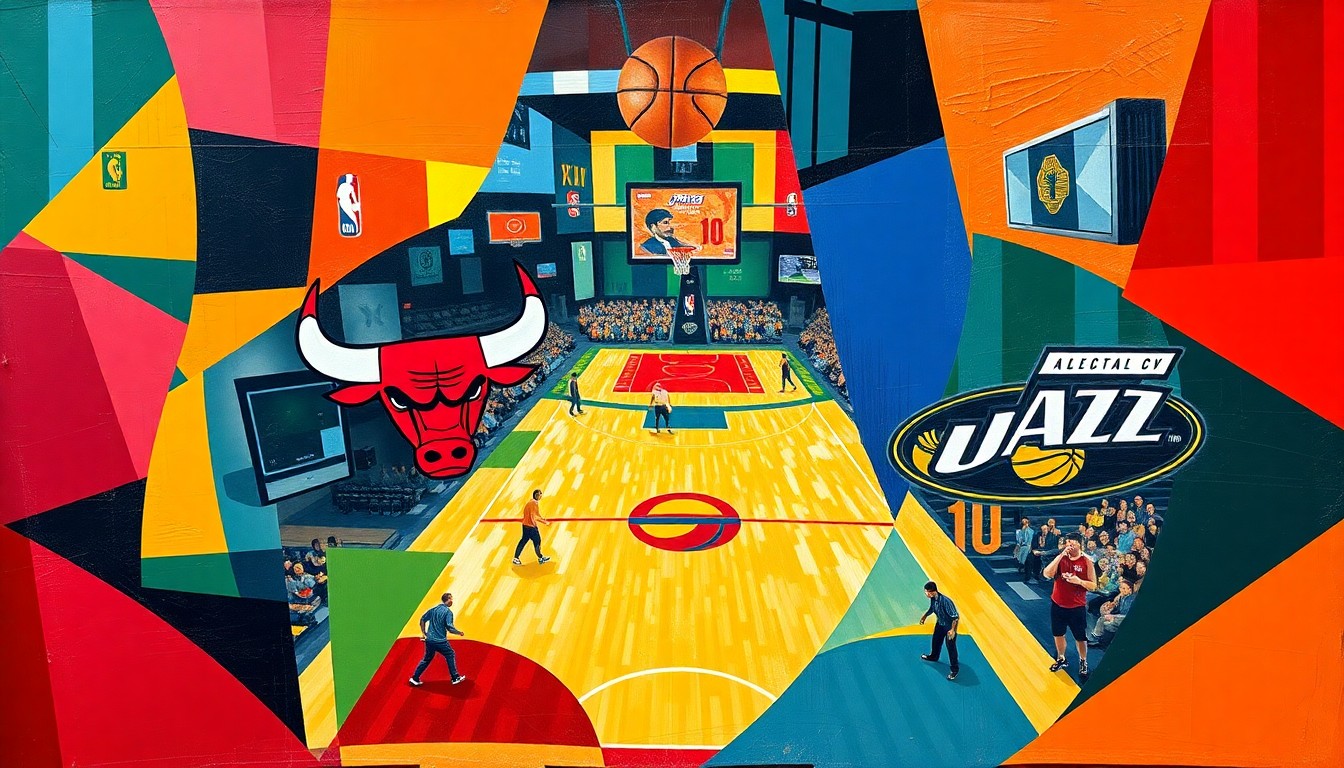 A cubist-style painting depicting a basketball game between the Chicago Bulls and Utah Jazz, with the players and court elements broken down into sharp, overlapping geometric shapes and planes in a vibrant color palette.