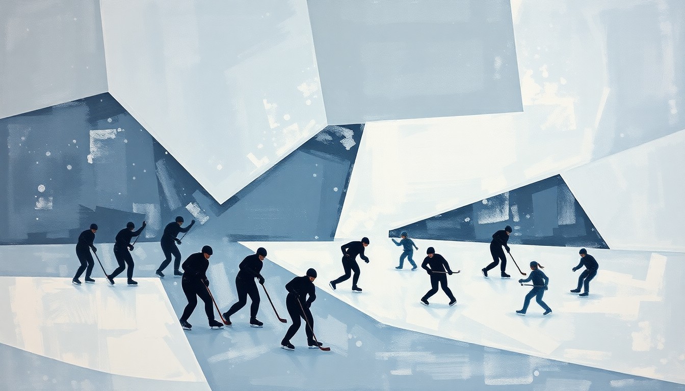 A cubist, geometric painting depicting a fragmented winter sports scene, with overlapping planes of muted blue, white, and gray tones, conveying the complex and divisive nature of ICE's involvement in the upcoming Olympics.