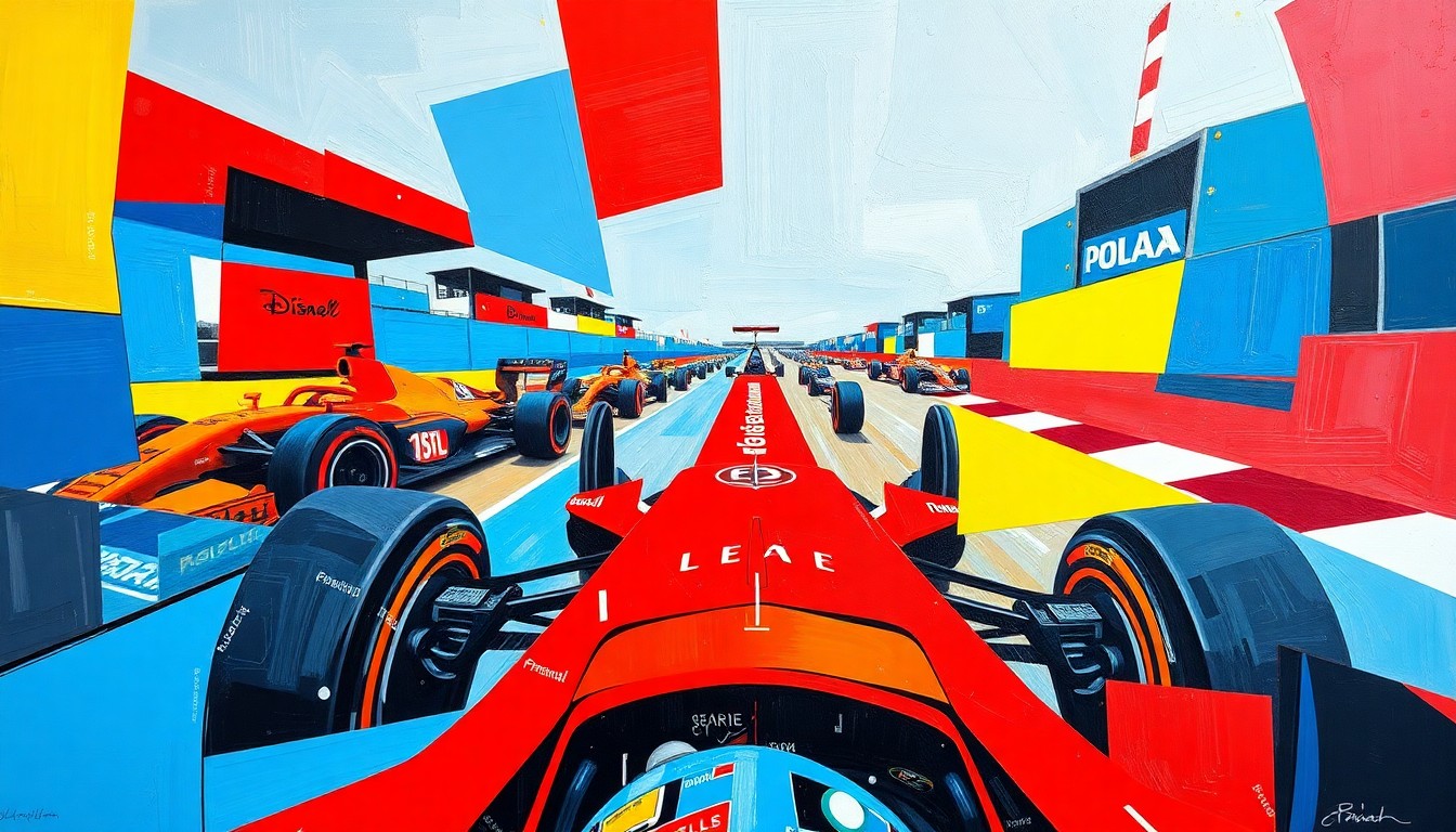 A cubist, geometric painting depicting a fragmented, multi-perspective view of a Formula 1 race, with sharp, overlapping planes of vibrant red, blue, and yellow colors capturing the raw energy and complexity of the sport's technological transformation.
