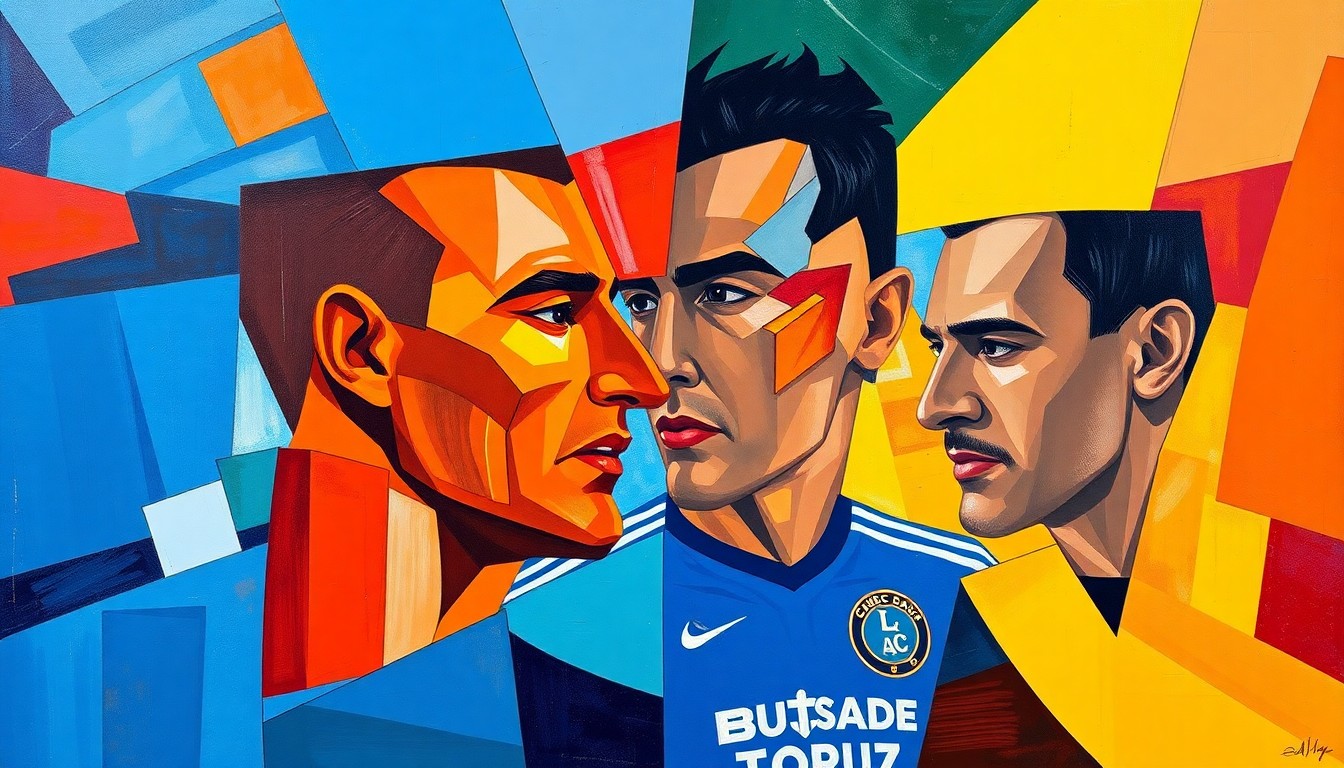 A fractured, multi-perspective painting in vibrant colors, breaking down a CONCACAF Champions Cup match between LAFC and Cruz Azul into sharp, overlapping geometric planes to conceptually represent the competitive energy and shifting power dynamics in football across the Americas.