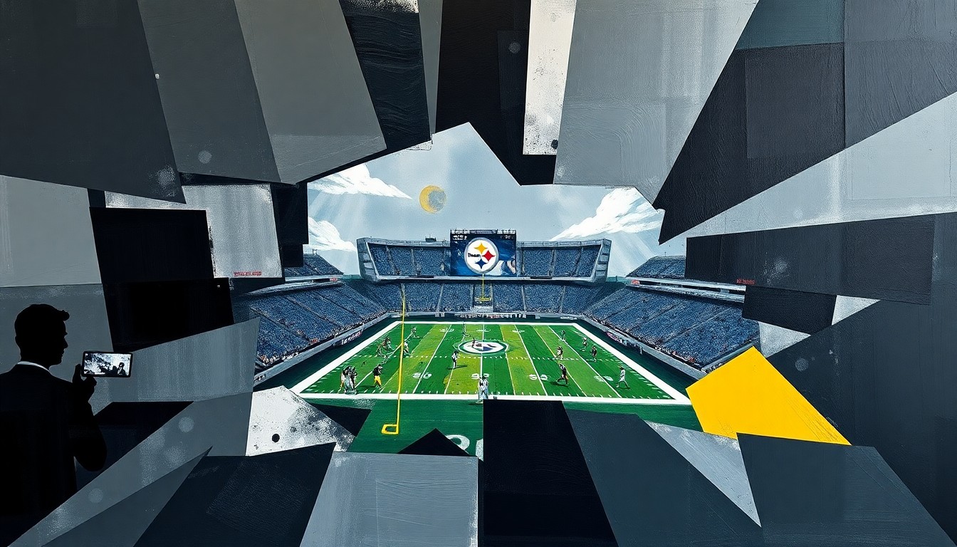 A cubist-style painting depicting a Steelers football game broken down into sharp, overlapping geometric shapes and planes, conveying the dynamic energy and transition of the team.