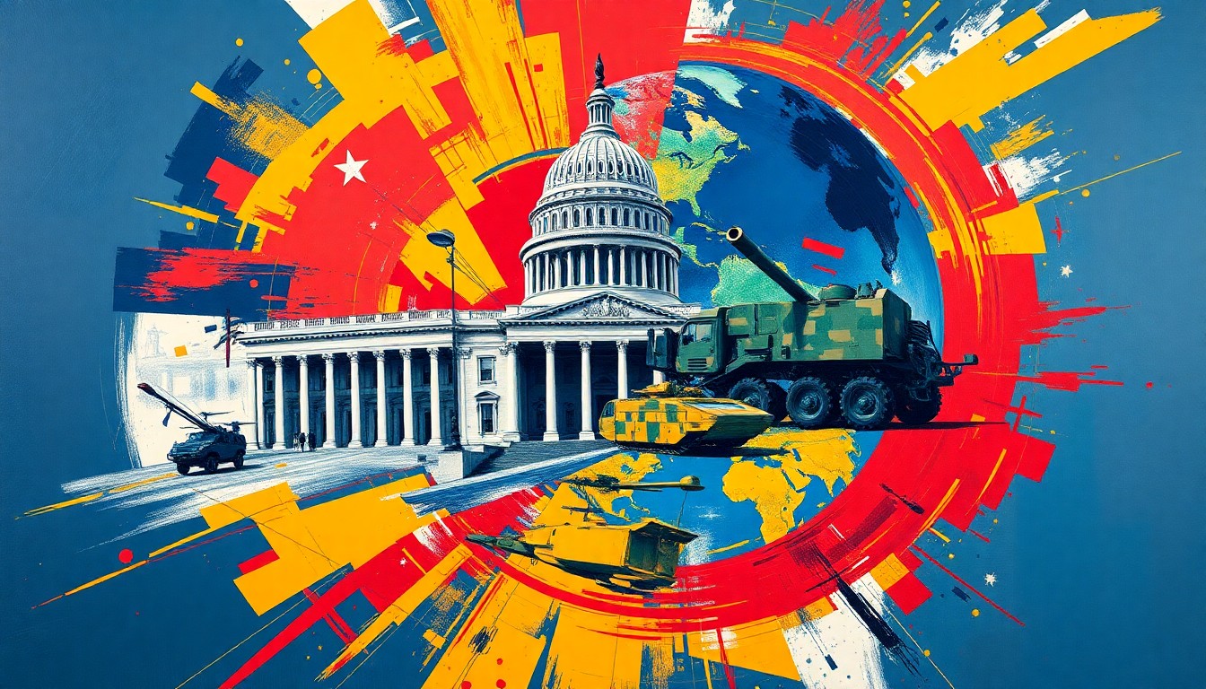 A dynamic, abstract painting featuring overlapping, fractured geometric shapes and patterns in bold colors, conceptually representing the tensions and divisions within the Trump administration's national security decision-making.