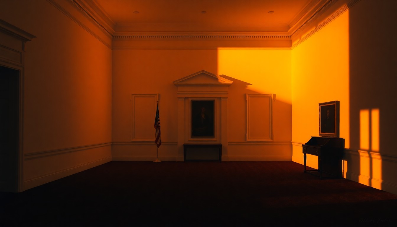 A serene, photorealistic painting of the empty East Wing of the White House, with warm sunlight streaming through the windows and deep shadows casting a contemplative mood, conveying the historic significance and public nature of this iconic building.