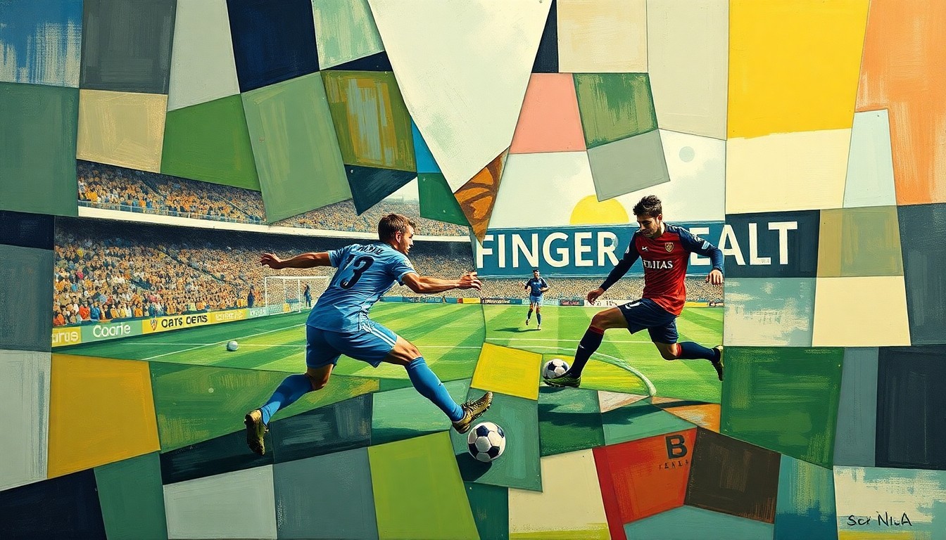 A cubist-style painting depicting the chaotic nature of soccer transfer negotiations, with overlapping geometric shapes and planes representing the various moving parts and perspectives involved.
