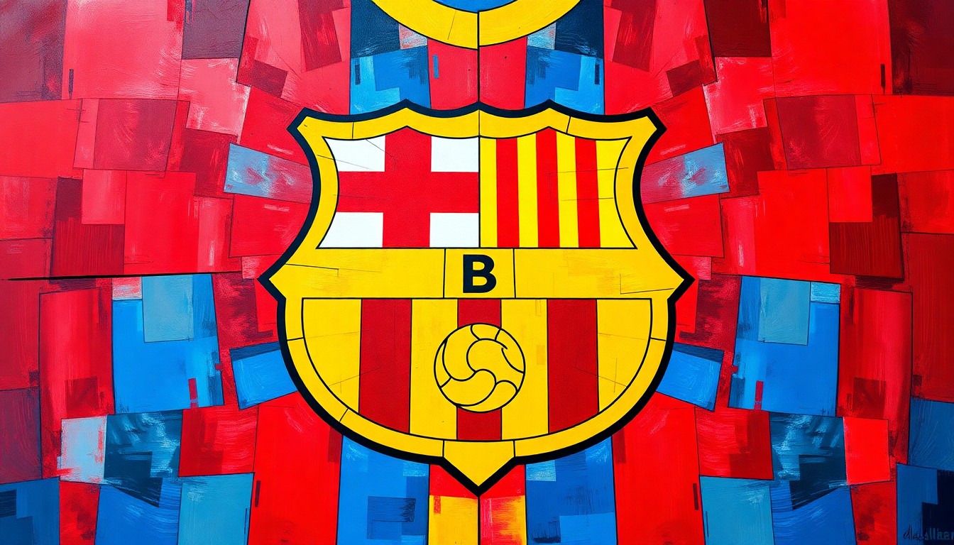 A fragmented, geometric painting featuring the iconic FC Barcelona crest and jersey colors, conceptually representing the club's commitment to its Catalan identity and innovative approach to football fashion.
