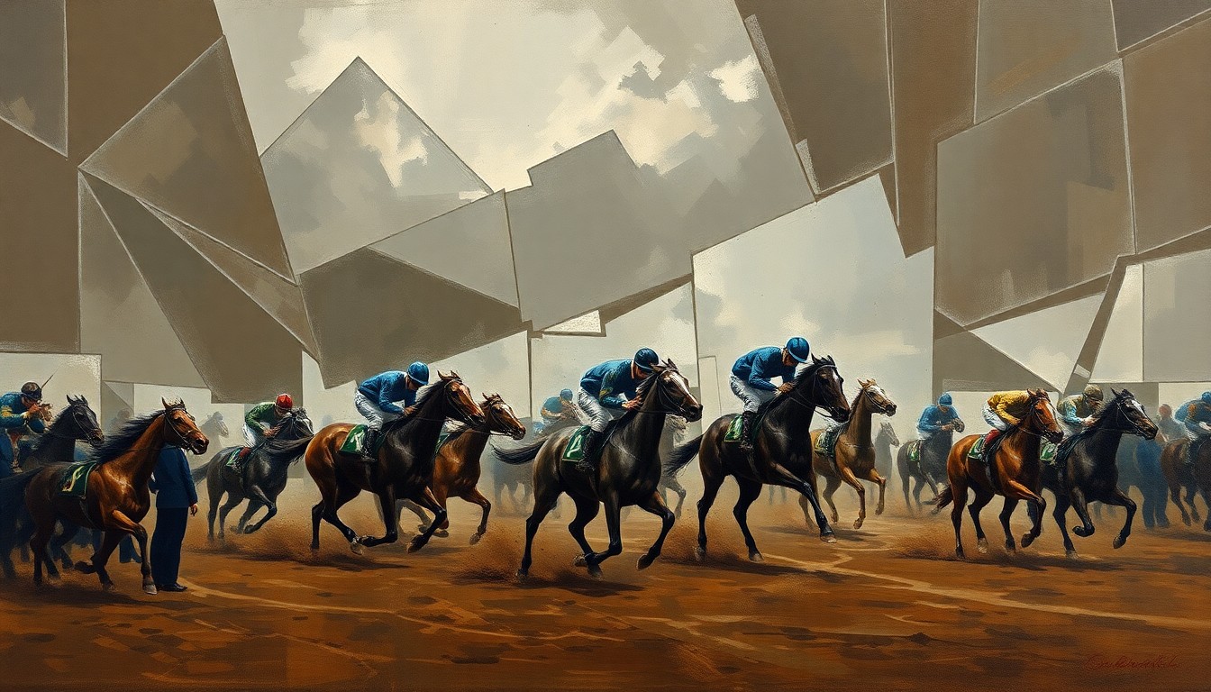 A fragmented, cubist-style painting depicting the chaotic motion and energy of a horse race, with the horse's form broken down into sharp, overlapping geometric shapes in muted earth tones, conveying a sense of melancholy and loss.