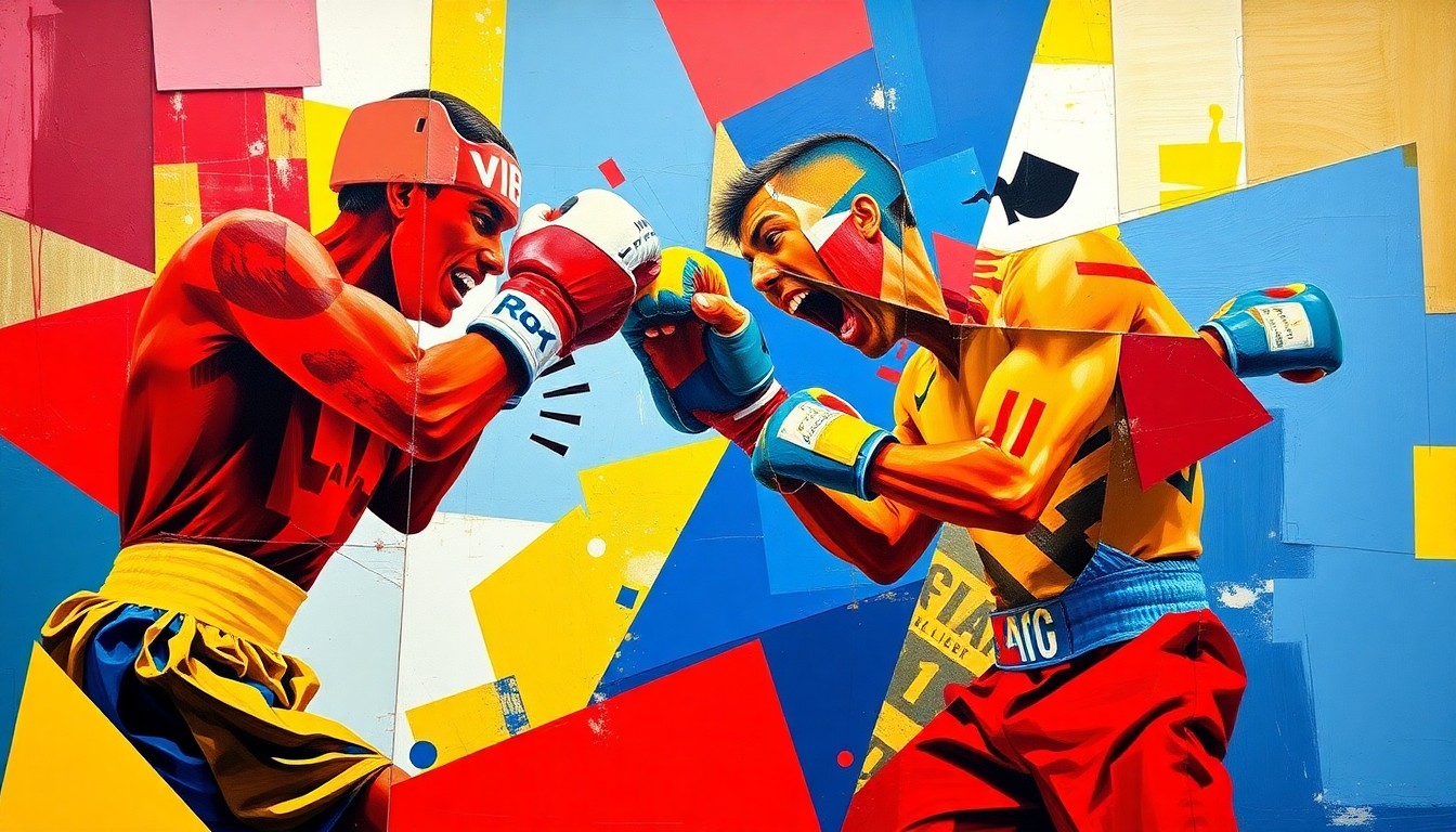 A cubist-style painting depicting a boxing or MMA match broken down into sharp, overlapping geometric shapes and planes in vibrant colors, conceptually representing the complex power dynamics and tensions between the two combat sports industries.