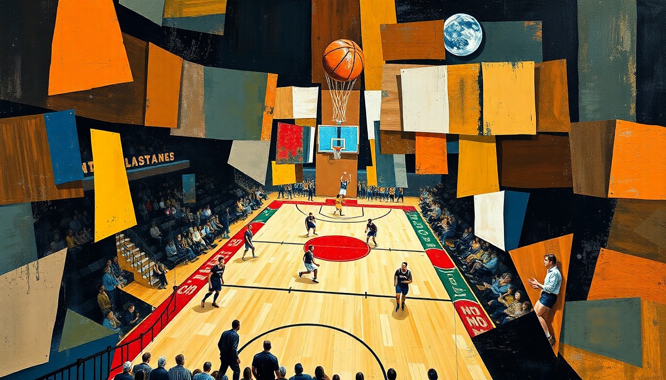A fractured, cubist-style painting depicting the dynamic movements and energy of a basketball game, with players and the court broken down into sharp, overlapping geometric shapes and planes in a vibrant color palette.