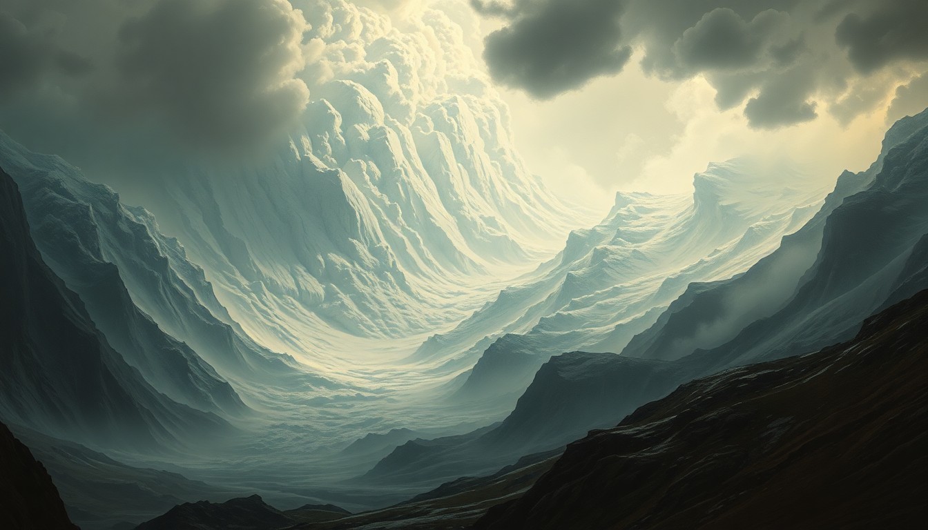A vast, atmospheric landscape painting depicting a massive, swirling avalanche in the mountains, with the scale of the natural disaster dwarfing any physical structures or objects caught within it.