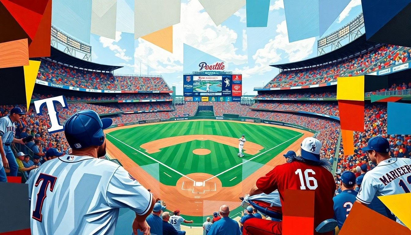 A cubist, geometric painting depicting a baseball game between the Texas Rangers and Seattle Mariners, with sharp, overlapping planes of color representing the intensity and competitiveness of the rivalry.