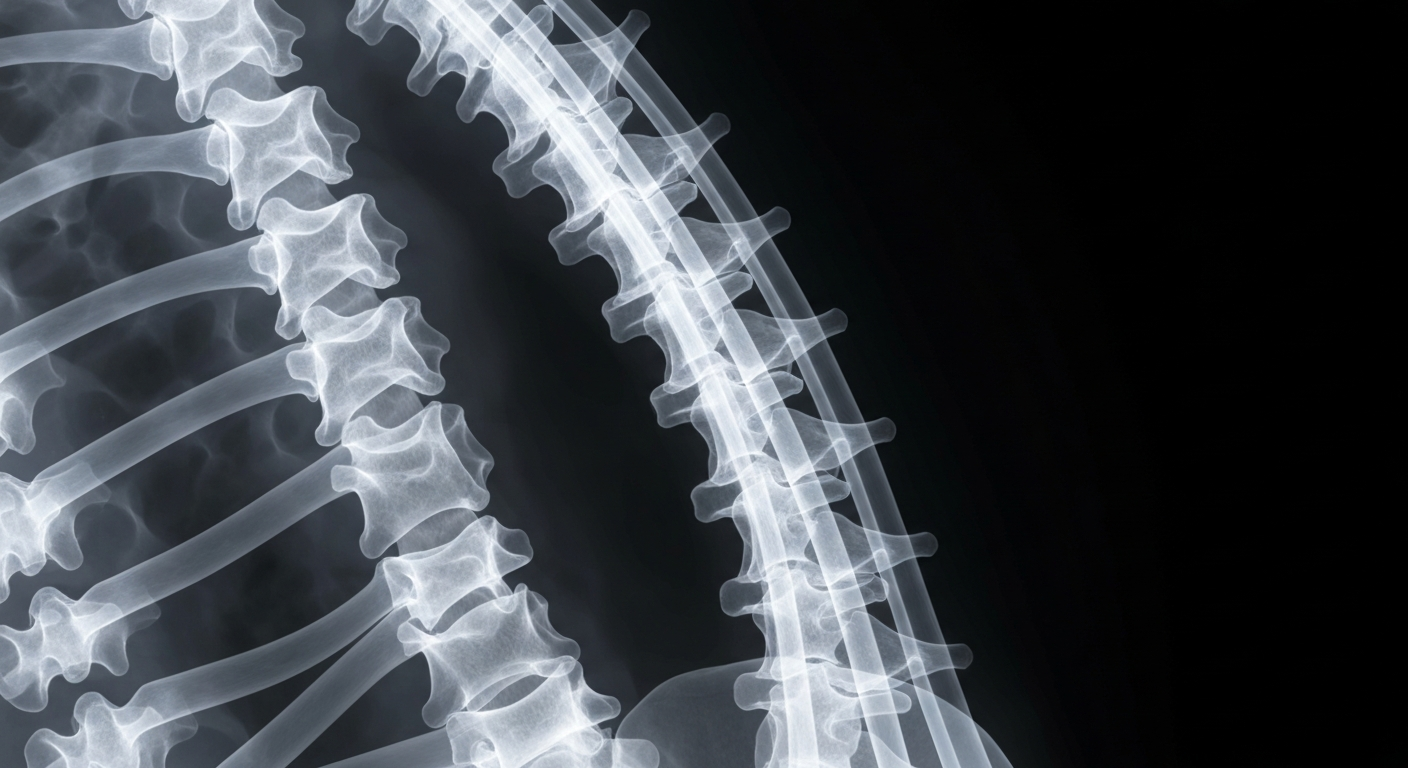 An extreme close-up X-ray photograph showing the delicate, ghostly outline of a human spinal cord, conceptually representing the medical complexities of Spinal Muscular Atrophy.