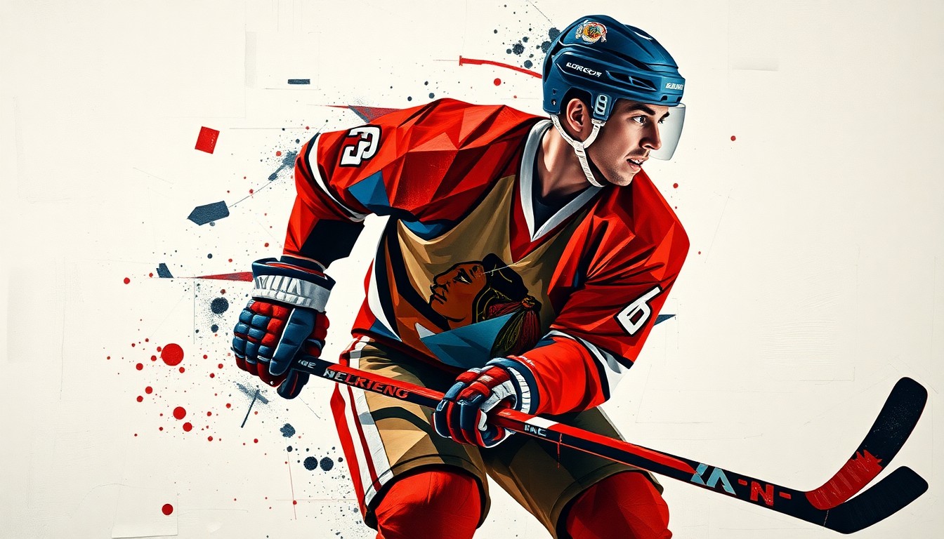 A fractured, cubist-style painting depicting the dynamic movements and energy of a hockey player, with sharp geometric planes and an abstract, unrecognizable figure.
