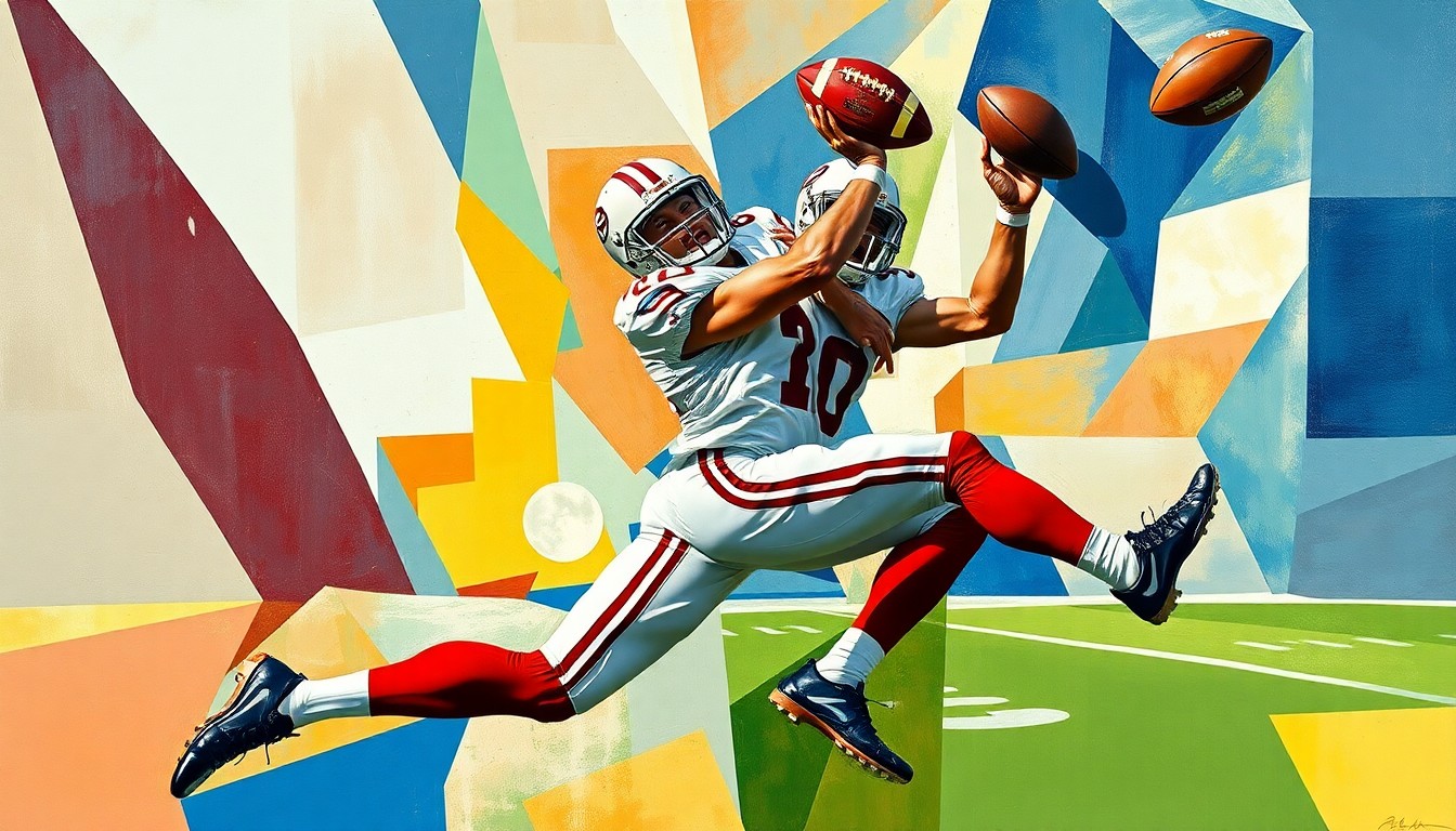 A cubist-style painting depicting a tight end catching a football pass, with the player's body and the ball broken down into sharp, overlapping geometric shapes in a dynamic, multi-perspective composition.