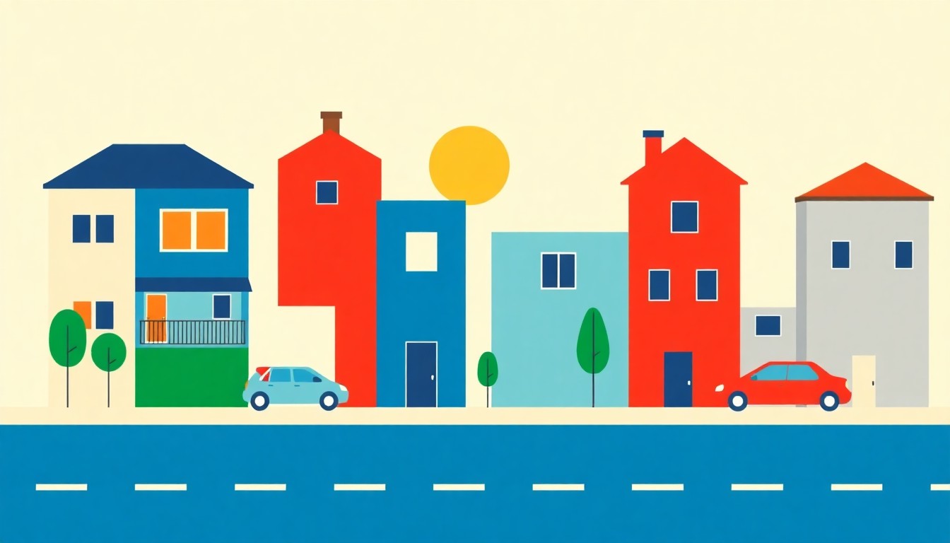 A minimalist illustration featuring overlapping geometric shapes in shades of blue, green, and red, conceptually representing the various economic factors impacting the cost of living in Greece.