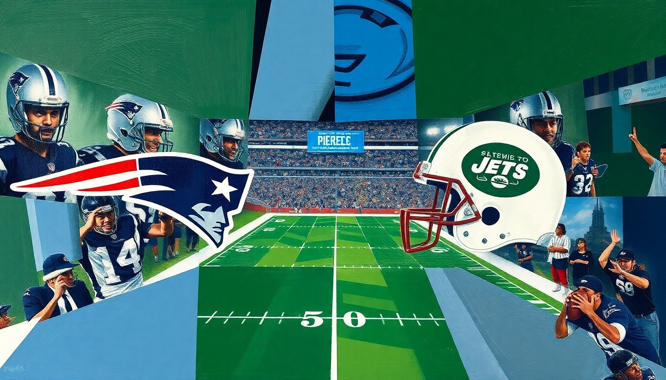 A cubist-style painting depicting a football game between the New England Patriots and New York Jets, with the players and field broken down into sharp, overlapping geometric shapes and planes, conveying the dynamic action and energy of the game.