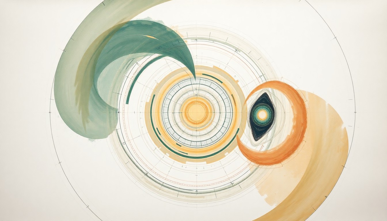 A highly structured abstract painting in soft, earthy tones of green, blue, and ochre, featuring sweeping geometric arcs, concentric circles, and precise botanical spirals, conceptually representing the complex effects of microgravity on the human body during long-duration spaceflight.