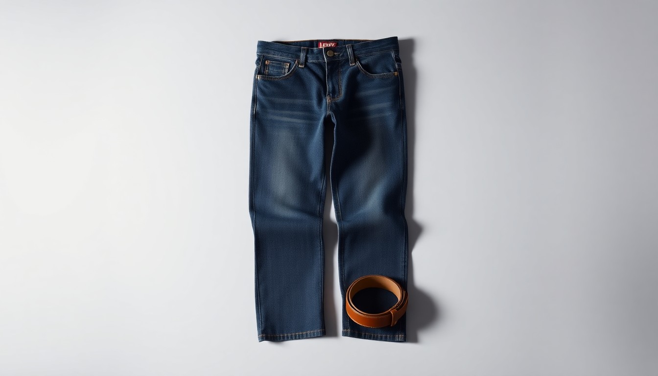 A high-end, photorealistic studio still-life photograph featuring a pair of premium, polished denim jeans and a leather belt arranged elegantly on a clean, monochromatic seamless background, conceptually representing Levi's iconic products and the company's focus on quality craftsmanship.