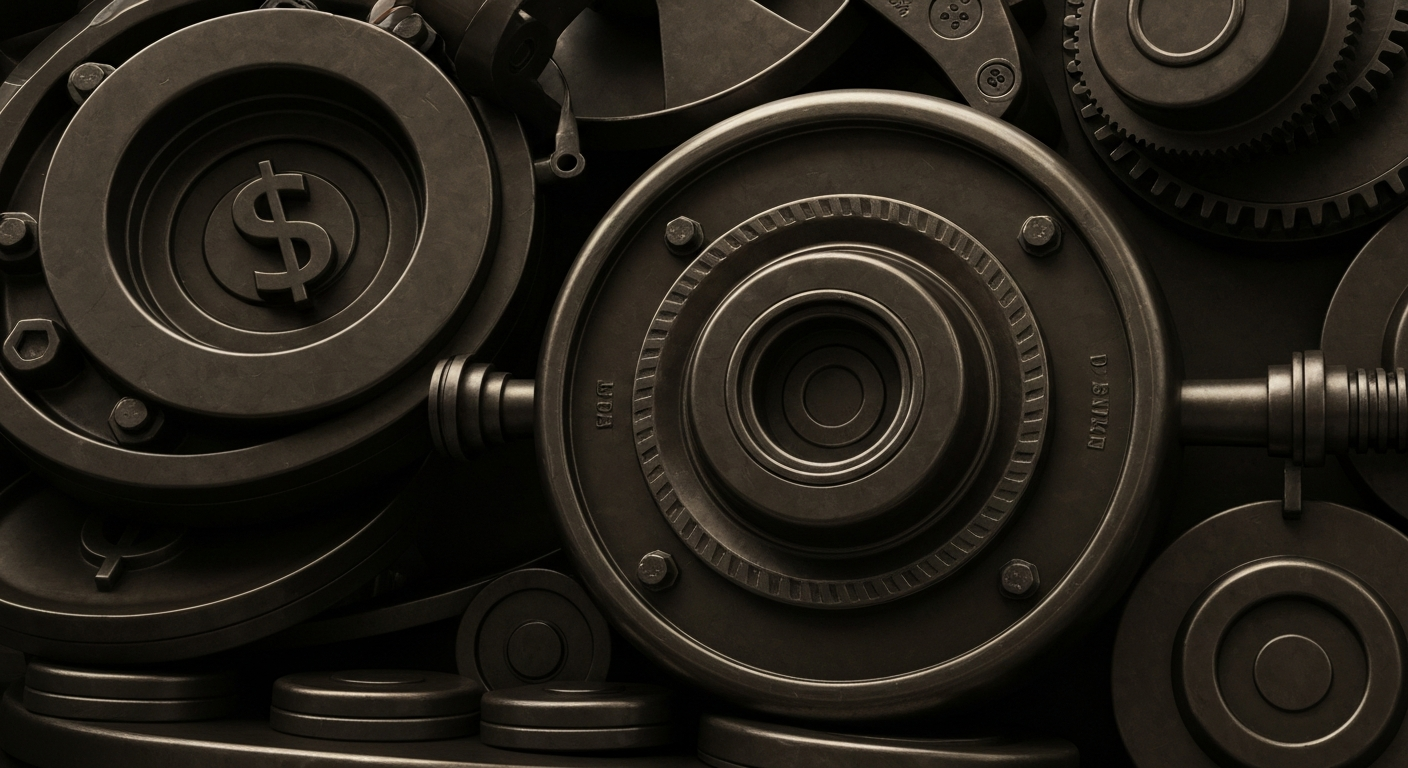 An extreme close-up of gears, levers, and other industrial machinery, conveying the complex financial mechanisms that underpin the housing market.