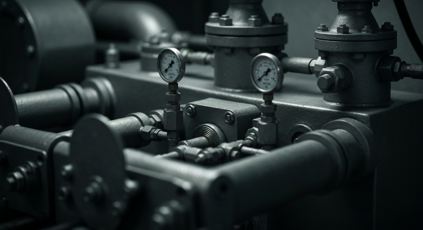 An extreme close-up of complex, industrial machinery used in chemical processing, conveying a sense of the heavy, physical nature of the industry.