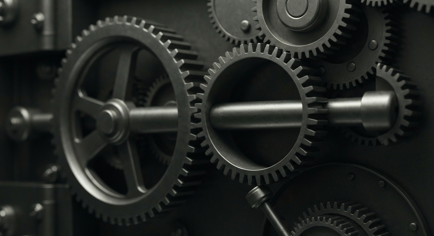 A highly detailed, black-and-white close-up image of the inner workings of a bank vault, conveying a sense of the heavy, industrial nature of financial infrastructure.