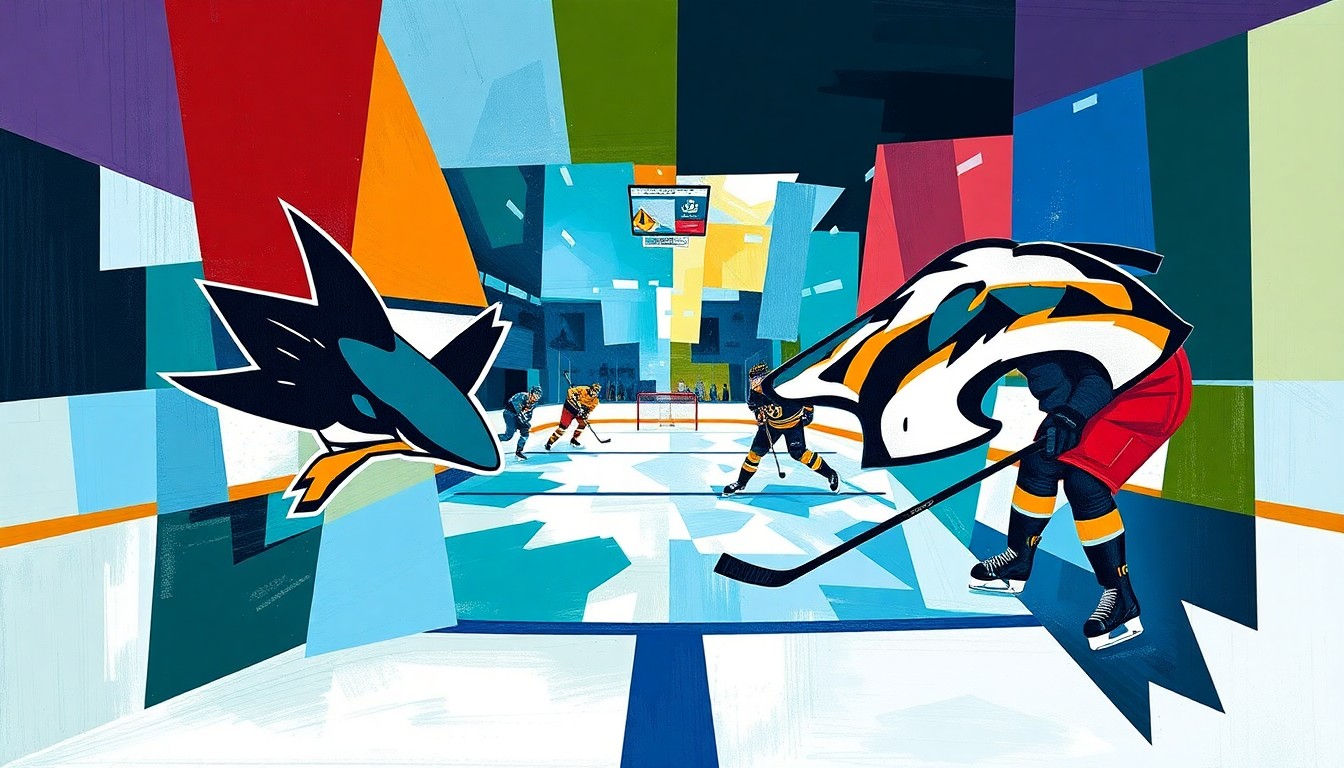 A fractured, multi-perspective painting in vibrant colors, breaking down a hockey game into sharp, overlapping geometric planes to capture the strategic complexity and raw energy of the on-ice action.
