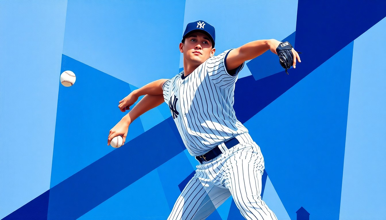 A cubist, geometric painting depicting a Yankees pitcher throwing a baseball, with the action broken down into sharp, overlapping planes of navy, gray, and white.