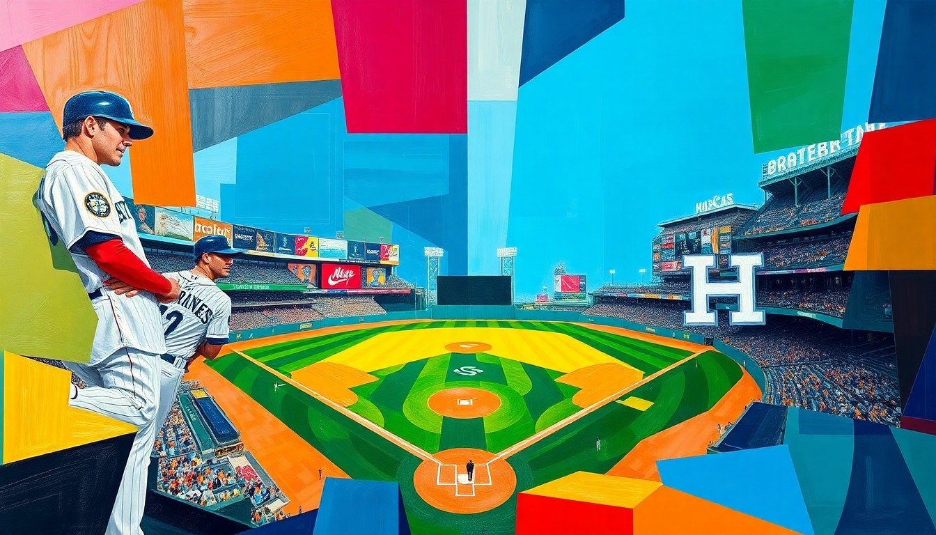 A fragmented, geometric painting depicting a baseball game between the Seattle Mariners and Houston Astros, with sharp planes of color representing the players, field, and stadium.