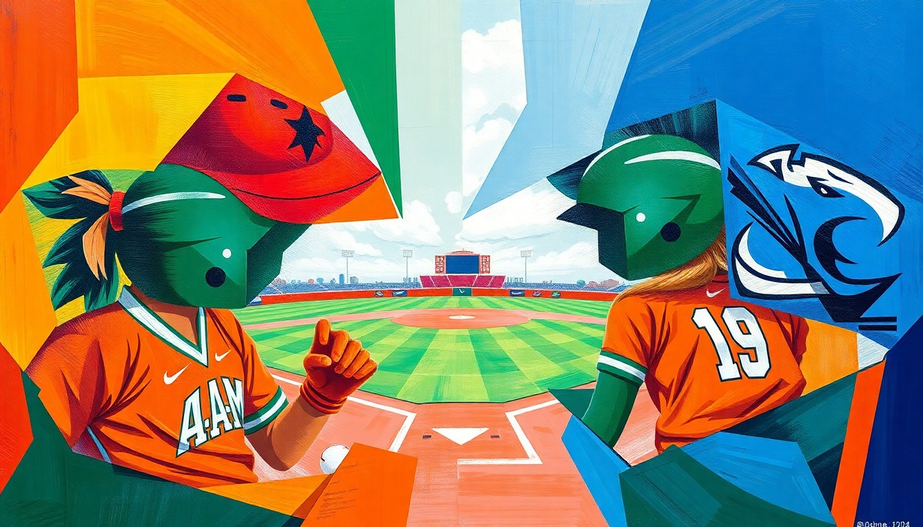 A cubist, geometric painting depicting a college softball game, with overlapping planes of vibrant orange, green, blue, and white representing the players and action on the field.