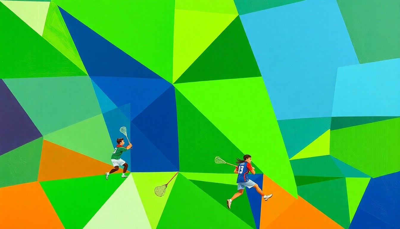 A fragmented, cubist-style painting depicting a boys lacrosse game, with sharp planes of green, blue, and orange representing the players and action on the field.