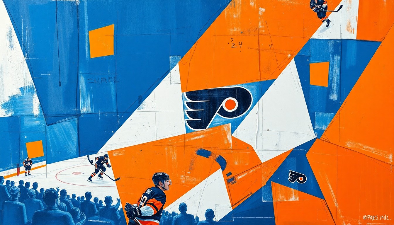 A visually striking abstract painting depicting a Flyers hockey game, with sharp geometric shapes and planes of blue, orange, and white, conveying the team's tactical changes and renewed determination.