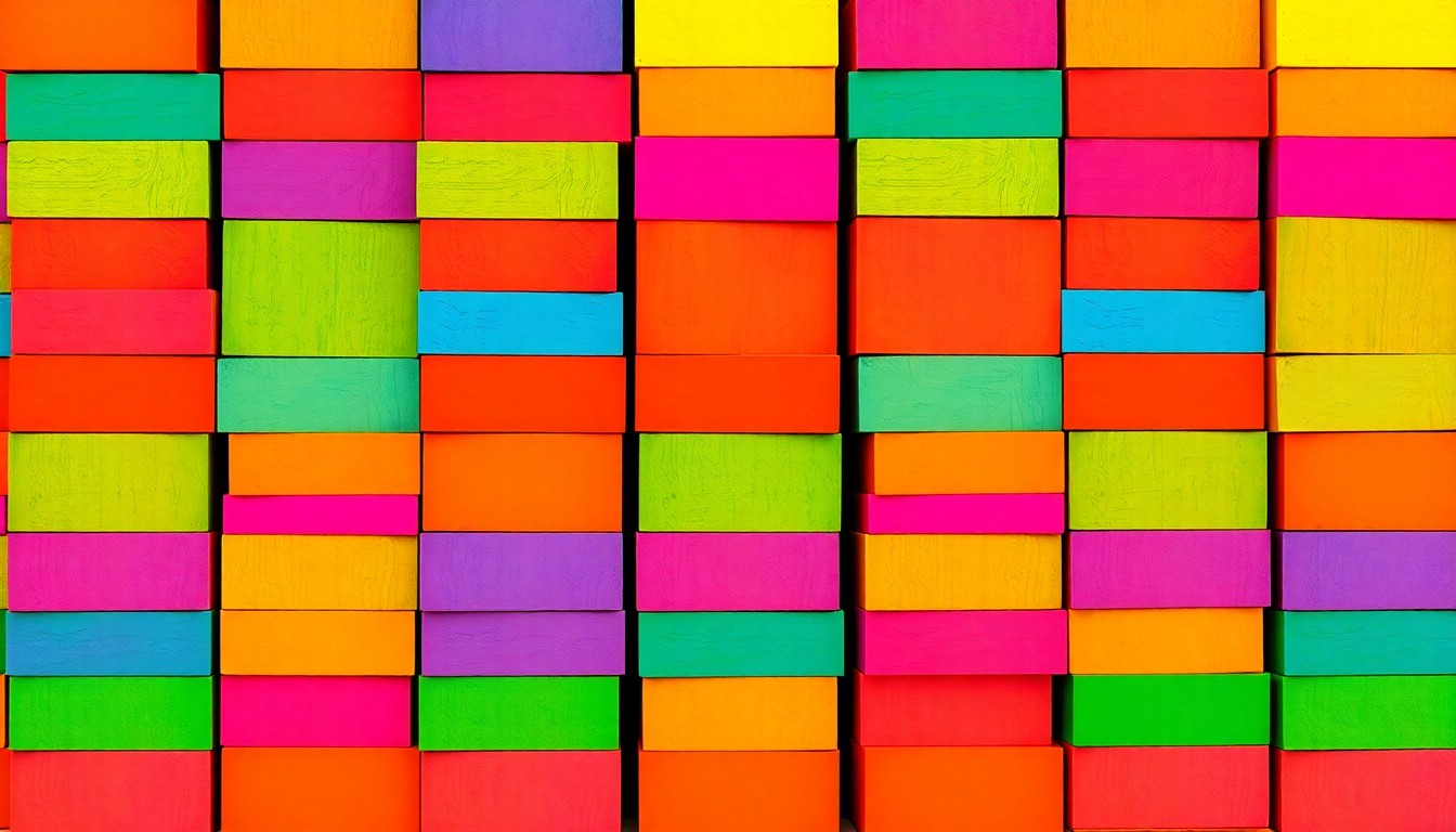 A vibrant, high-contrast silkscreen print of a stack of colorful building blocks repeated in a grid, representing the creative and playful approach to STEM education championed by the STEM Pioneers Teacher Corps.