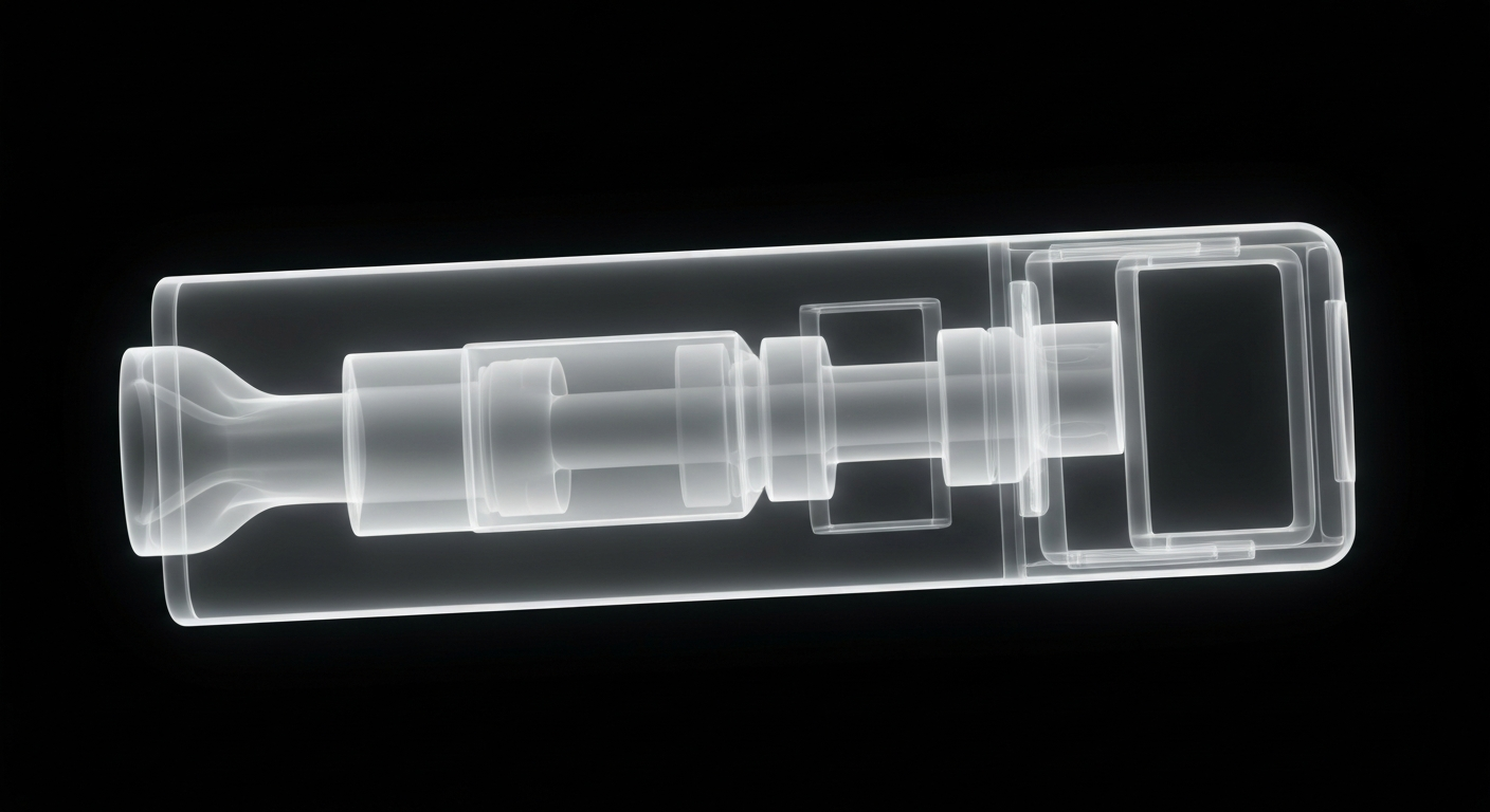 A translucent X-ray image showing the intricate internal structure of a vaping device, with glowing lines and ghostly outlines against a dark background, conceptually representing the complex health implications of youth vaping.