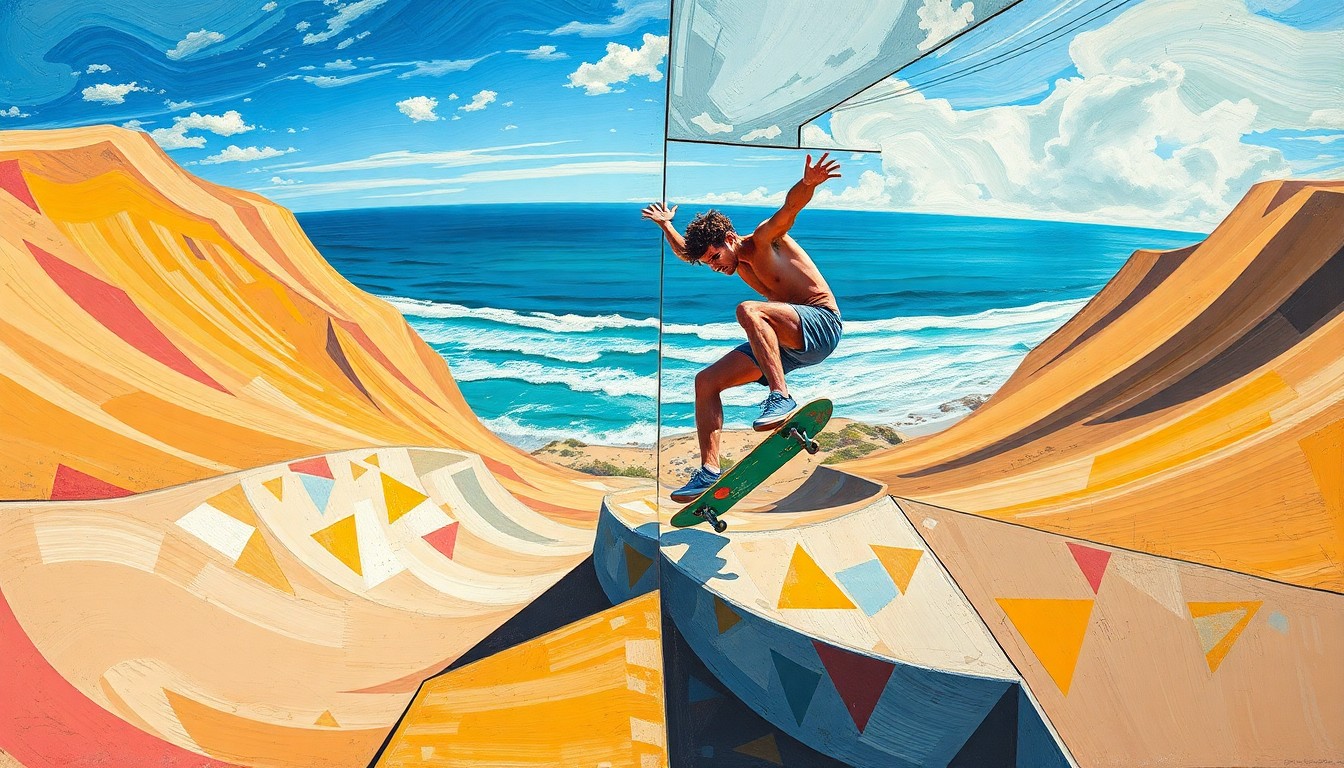 A fractured, cubist-style painting depicting a skateboarder performing tricks at the Sunset Dunes skate park, with the Pacific Ocean and sand dunes visible in the background. The image is broken down into sharp, overlapping geometric planes in vibrant colors.
