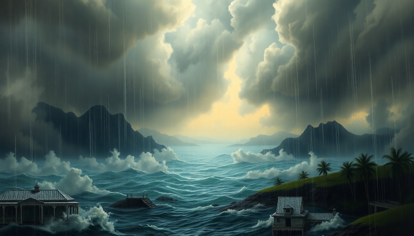 A vast, atmospheric landscape painting depicting heavy rain and flooding over a Hawaiian island, with physical structures and objects dwarfed by the overwhelming power of the natural disaster.