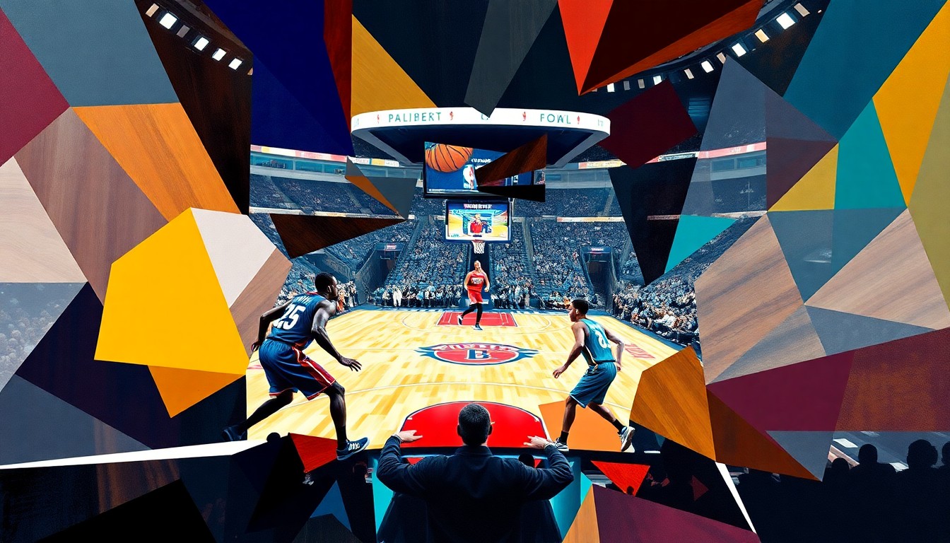 A cubist, geometric painting depicting an abstracted basketball game, with the players' forms broken down into angular, colorful shapes on the court.