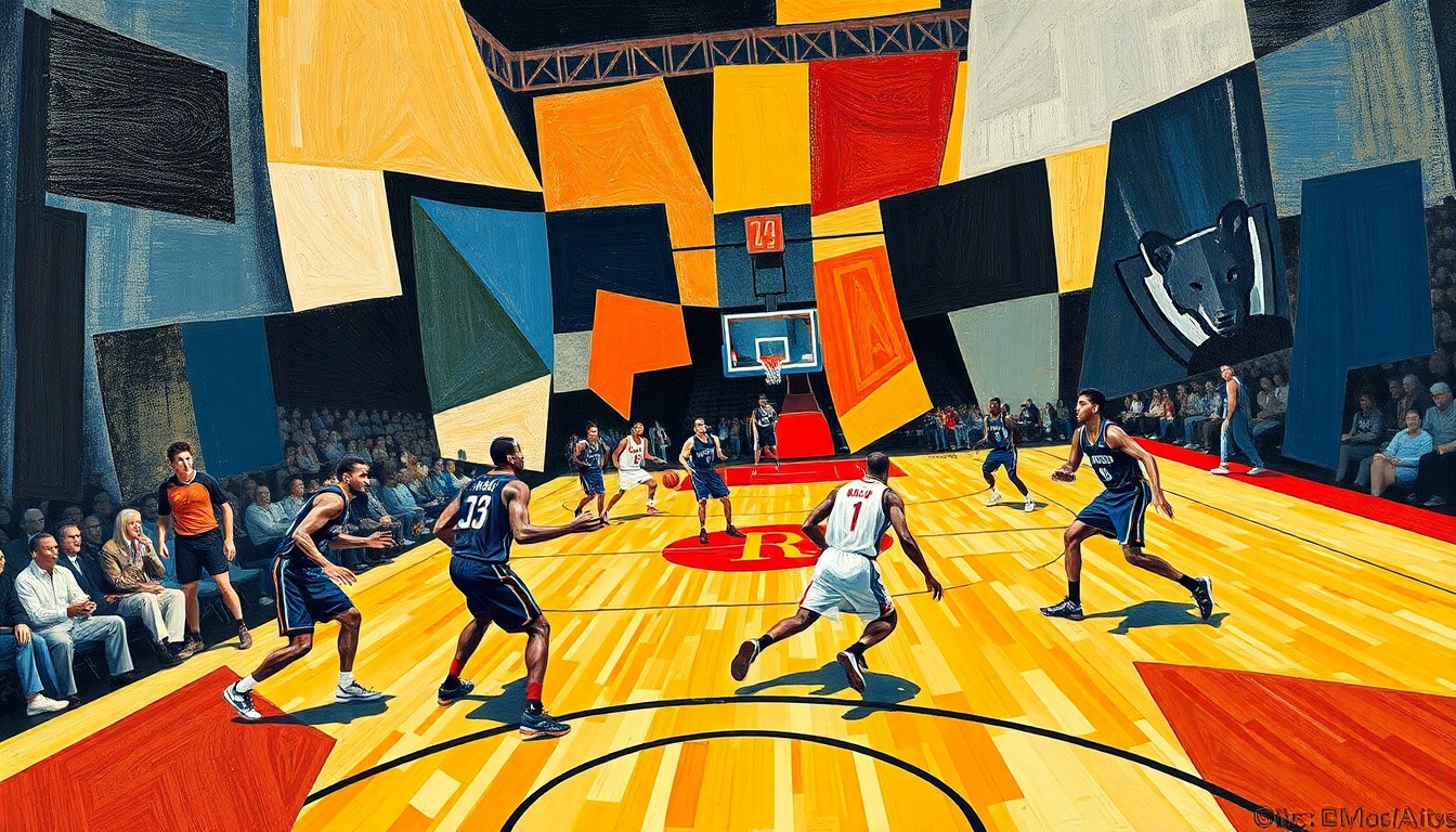 A fractured, multi-perspective painting in a cubist style, breaking down a basketball game between two teams into sharp, overlapping geometric planes and abstract shapes, conveying the dynamic energy of the sport.