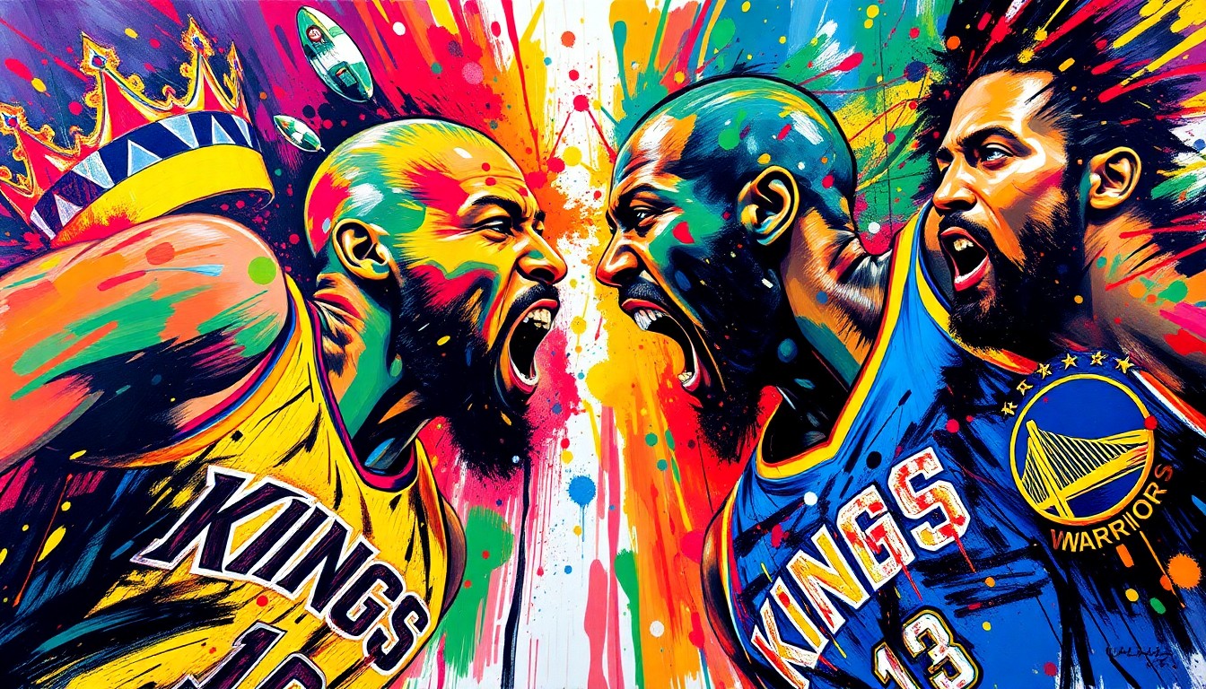 An abstract, expressionist painting in vibrant neon colors, capturing the raw energy and intensity of a basketball game, with players' faces and movements blurred into dynamic, unrecognizable shapes.