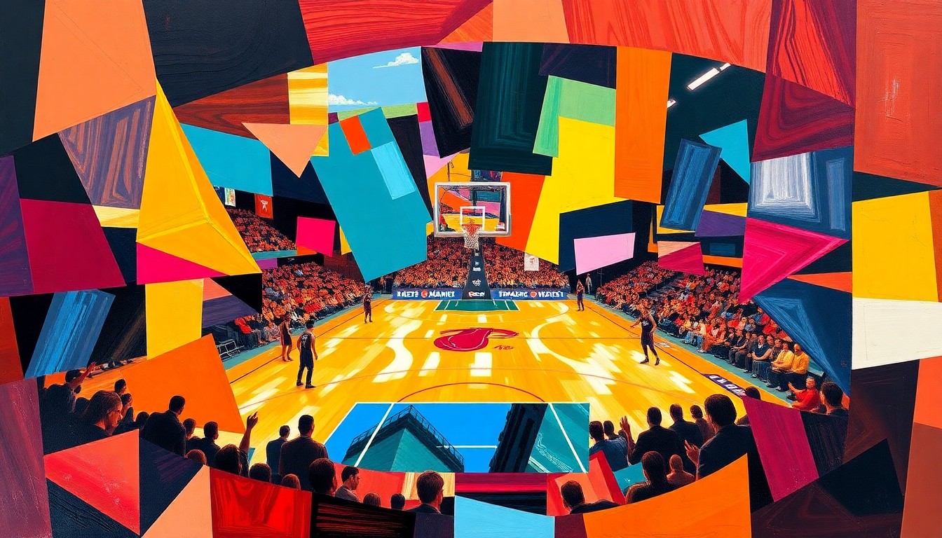 A cubist-style painting depicting a basketball game or match broken down into sharp, overlapping geometric shapes and planes in the colors of the Miami Heat, conveying the fragmented and complex nature of the league's efforts to maintain integrity amid the rise of sports betting.