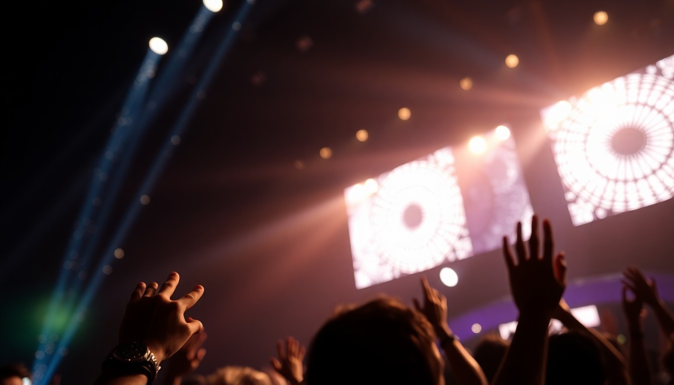 An extreme close-up photograph of shimmering, glittering stage lights and sequins, capturing the high-energy glamour of a Coachella music festival performance.