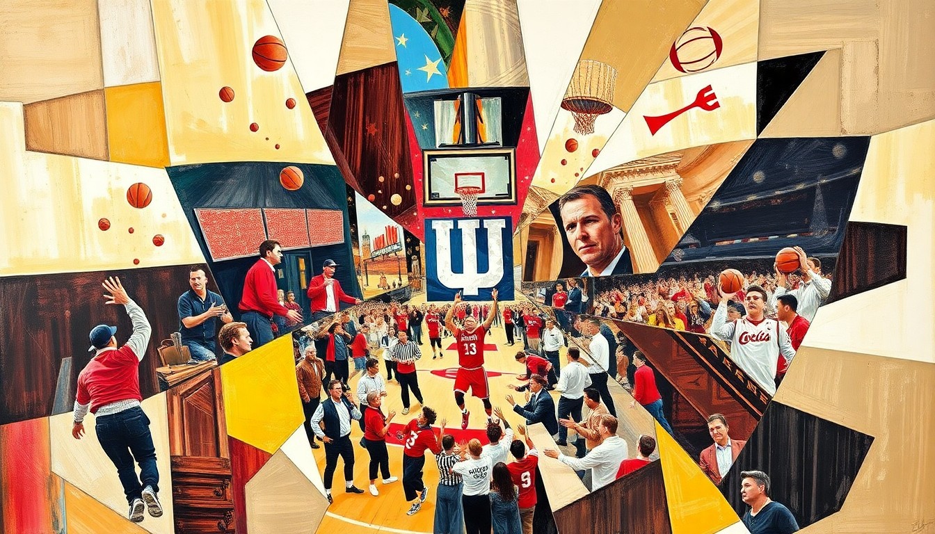 A cubist-style painting depicting the Indiana Hoosiers' national championship celebration, with the team's players and fans represented through a fractured, geometric composition in bright, energetic colors.