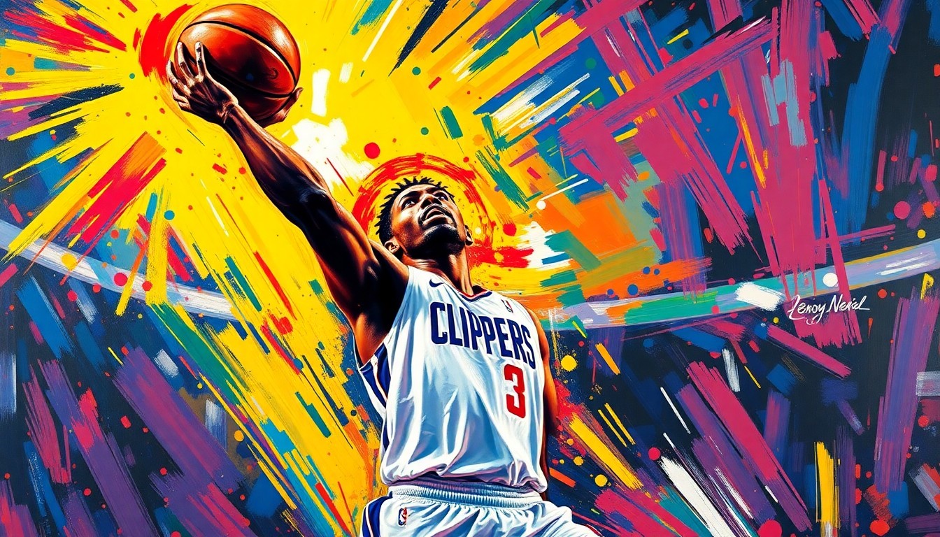 An extreme close-up of Kawhi Leonard in mid-jump shot, his body contorted with intense focus, surrounded by a swirling, neon-colored expressionist background that captures the raw energy and drama of the game.