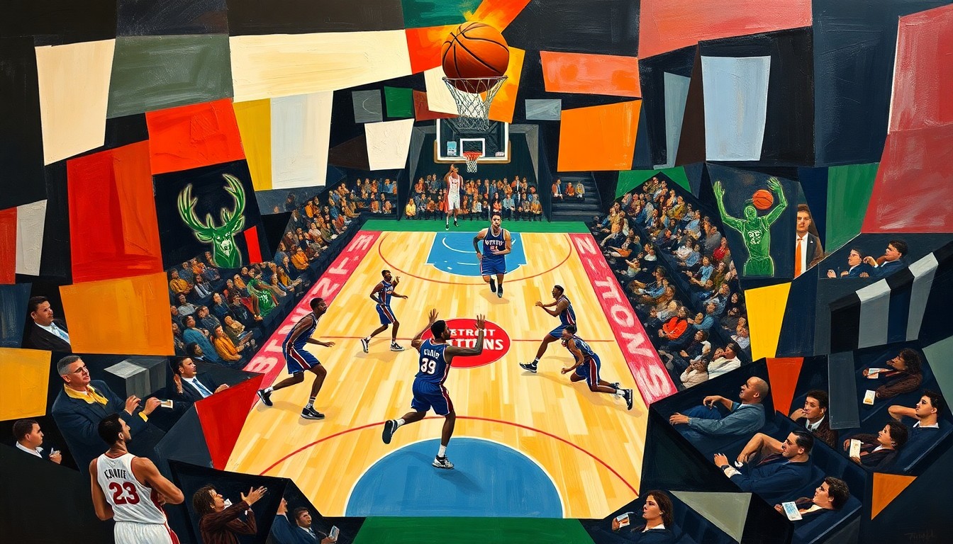 A cubist, geometric painting depicting the energy and movement of a basketball game between the Detroit Pistons and Milwaukee Bucks, with sharp, overlapping planes of color and form capturing the essence of the action without any identifiable players or logos.