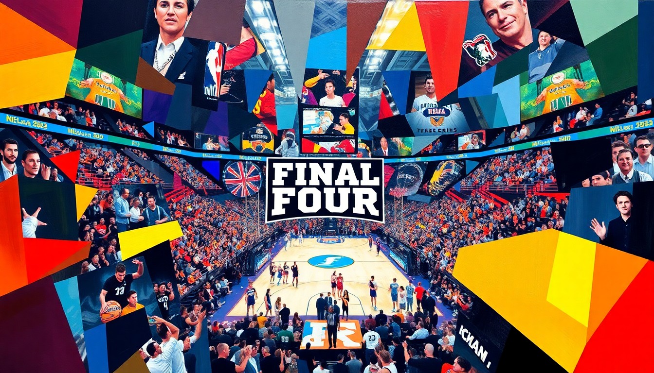 A cubist, geometric painting depicting the frenetic energy and excitement of the NCAA Final Four basketball tournament, with fragmented shapes and planes of color representing the players, fans, and stadium environment.
