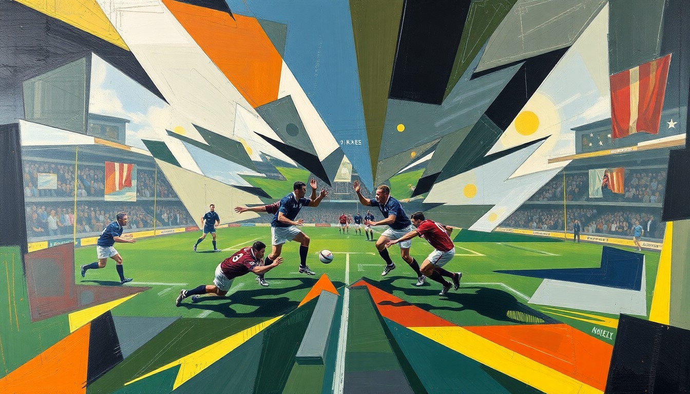 A fragmented, geometric painting depicting a rugby match or competition, with sharp, overlapping planes of color and form conveying the conceptual tension and debate surrounding the Champions Cup.