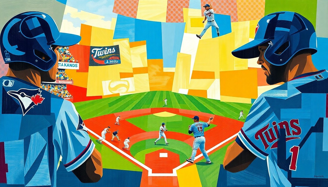 A fractured, geometric painting in bold colors depicting a baseball game in motion, with players and the field broken down into overlapping angular shapes and planes.