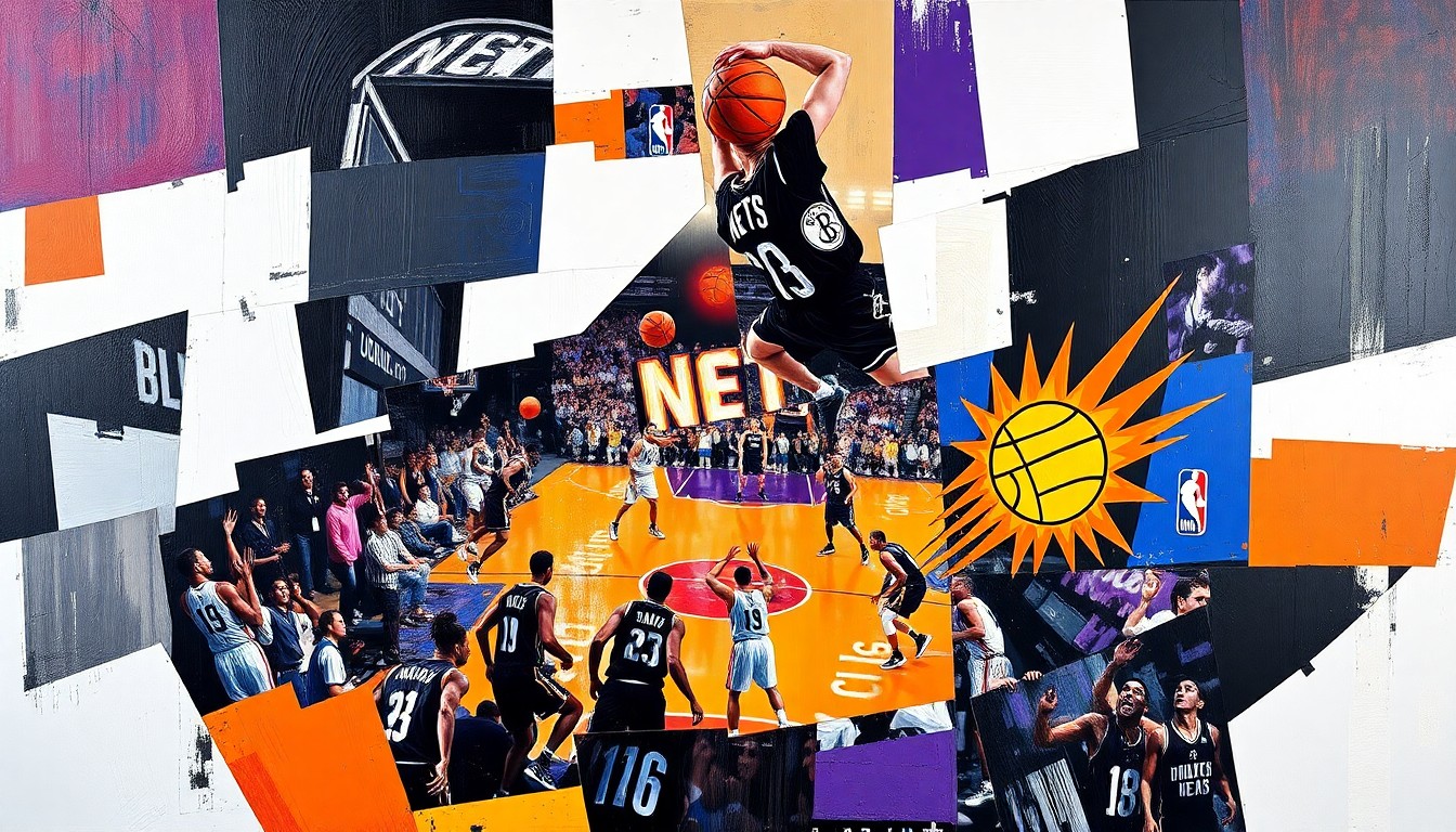 A cubist, geometric painting depicting a basketball game between the Brooklyn Nets and Phoenix Suns, with sharp, overlapping planes of color representing the players and action on the court.