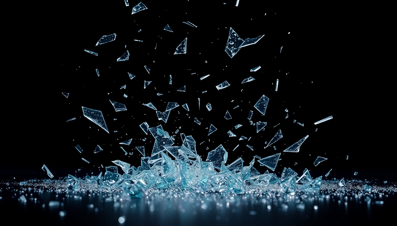An abstract close-up image of shattered glass and glittering shards, captured in dramatic high-contrast studio lighting, conceptually representing the fragility and chaos of the legal system.