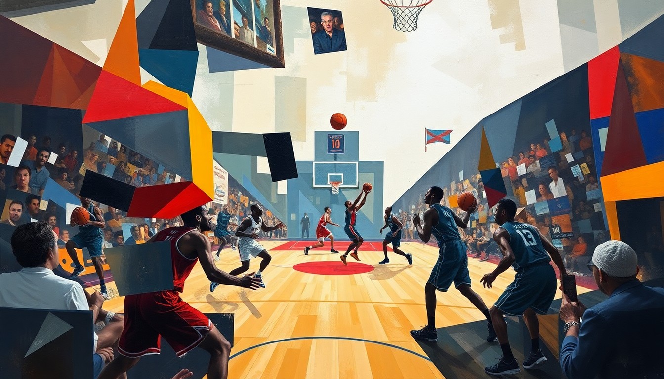 A cubist, geometric painting depicting the dynamic movements and energy of a basketball game, with the players' forms broken down into abstract shapes and planes of vibrant colors.